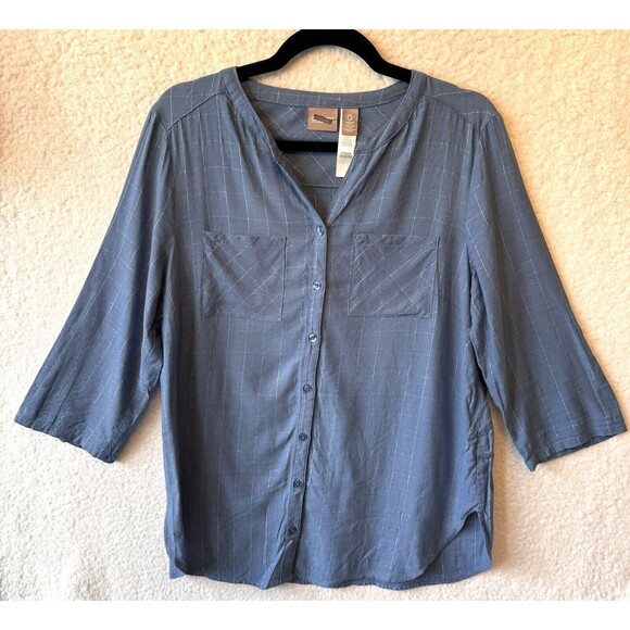 Chicos Women's Blue Button Down Shirt Size 0 Small Cotton Blend Roll Tab Sleeves - Picture 1 of 10